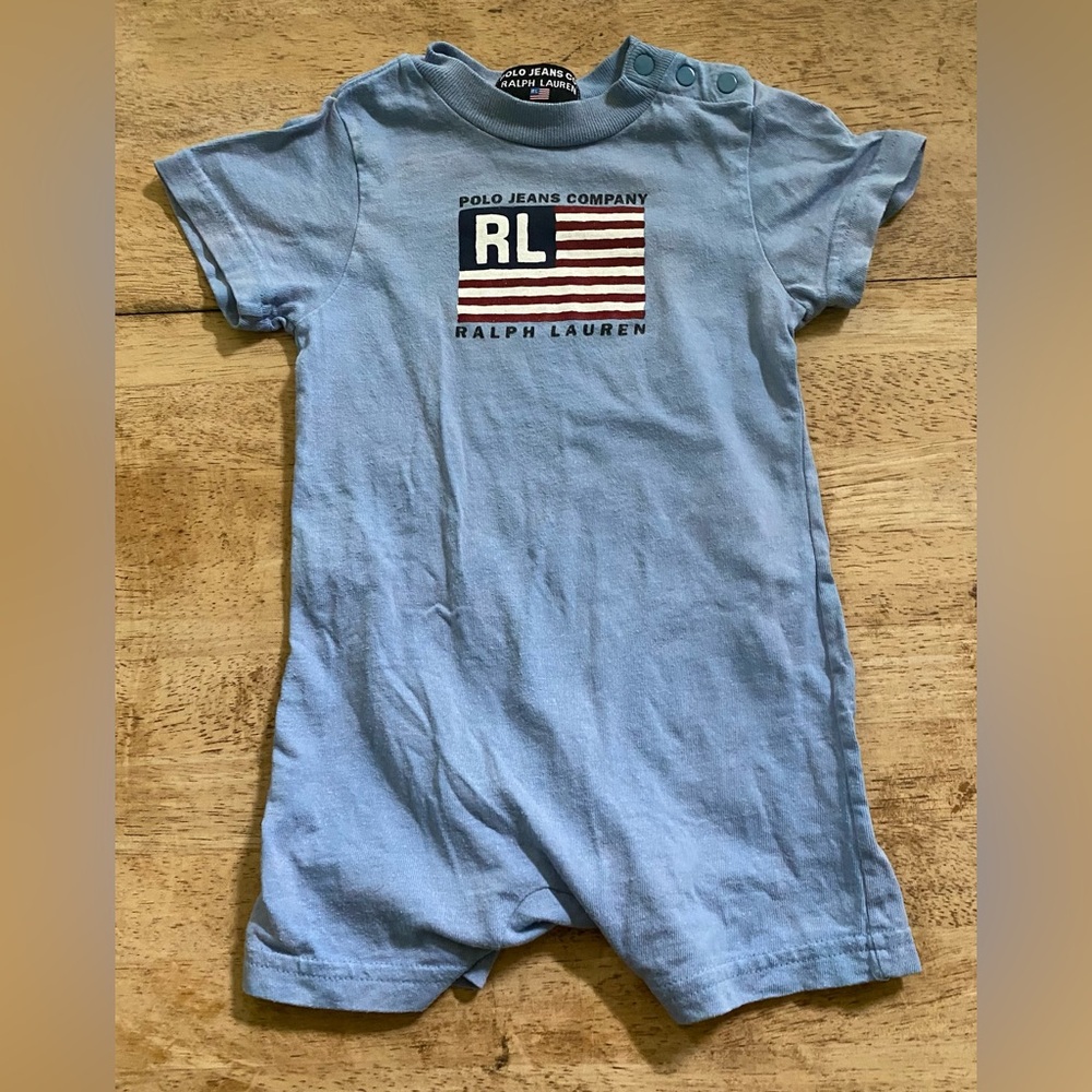 Vintage Polo Jeans Co RL Infant Sz S (3-6m) Blue Cotton Jersey Shortall